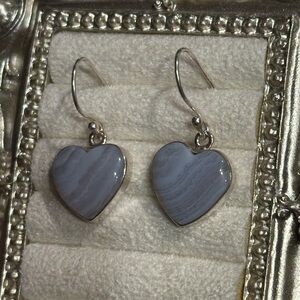 Blue Lace Agate Heart Earrings Sterling Silver Dangles S925